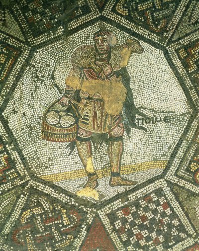 Peasant carrying a ewe and a basket of cheese, from the Imperial Palace in Constantinople, 5th-6th century by Byzantine